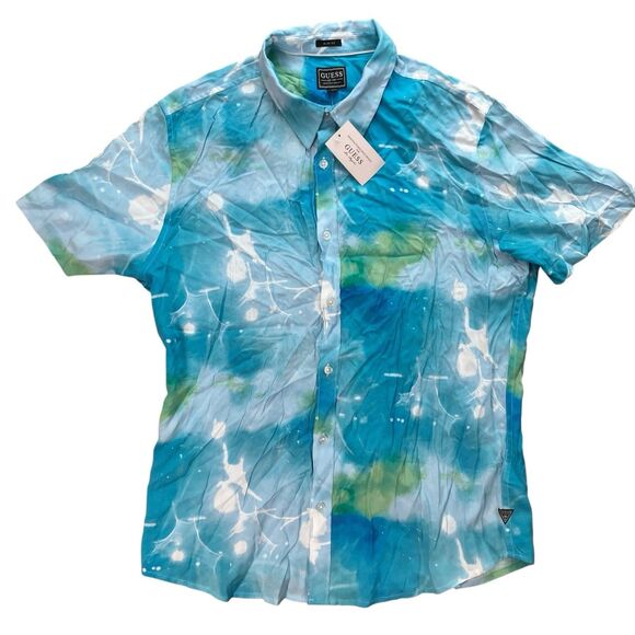 GUESS Shirt Mens L Blue Slim Fit Submerged Button-Up Short Sleeve Tropical Beach - Picture 2 of 10